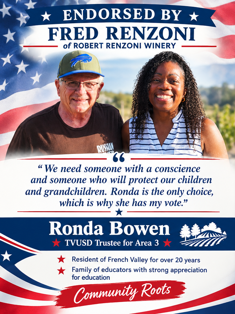 Fred Renzoni of Robert Renzoni Winery endorses Ronda Bowen for TVUSD Trustee, Area 3.