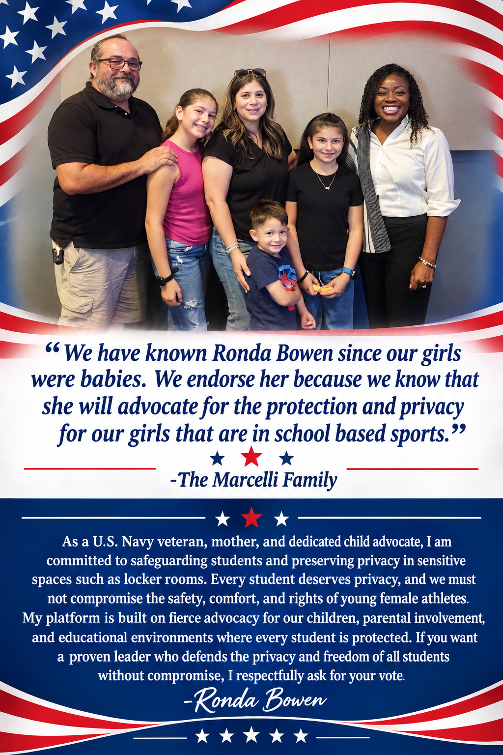 The Marcelli Family endorses Ronda Bowen for TVUSD Trustee, Area 3.