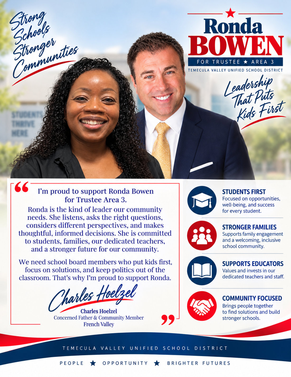 Charles Hoelzel, a concerned father and French Valley community member, endorses Ronda Bowen for TVUSD Trustee, Area 3.